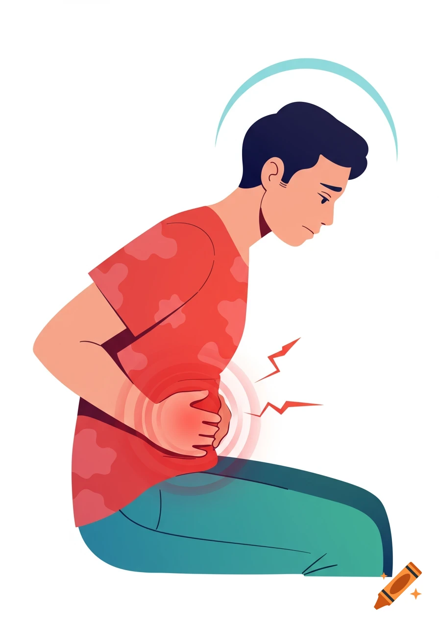 Vector illustration of a person with dark hair and a red shirt clutching their stomach, indicating abdominal pain.
