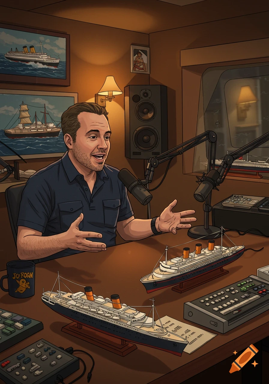 An illustration of a man with short brown hair talking into a microphone in a podcast studio, surrounded by ship models and audio equipment.