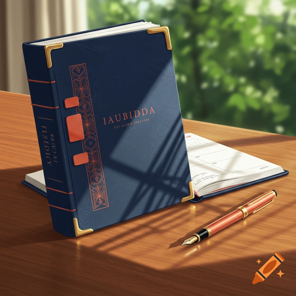 A dark blue notebook with gold accents and a red fountain pen on a wooden table, next to an open planner, bathed in sunlight.