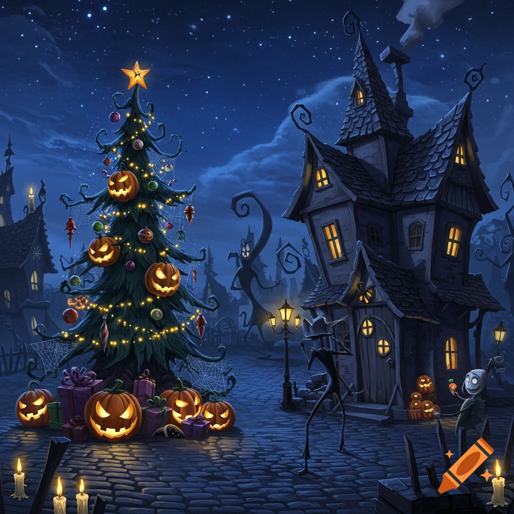 A dark fantasy illustration of a Christmas tree decorated with jack-o'-lanterns in a spooky village with a haunted house at night.