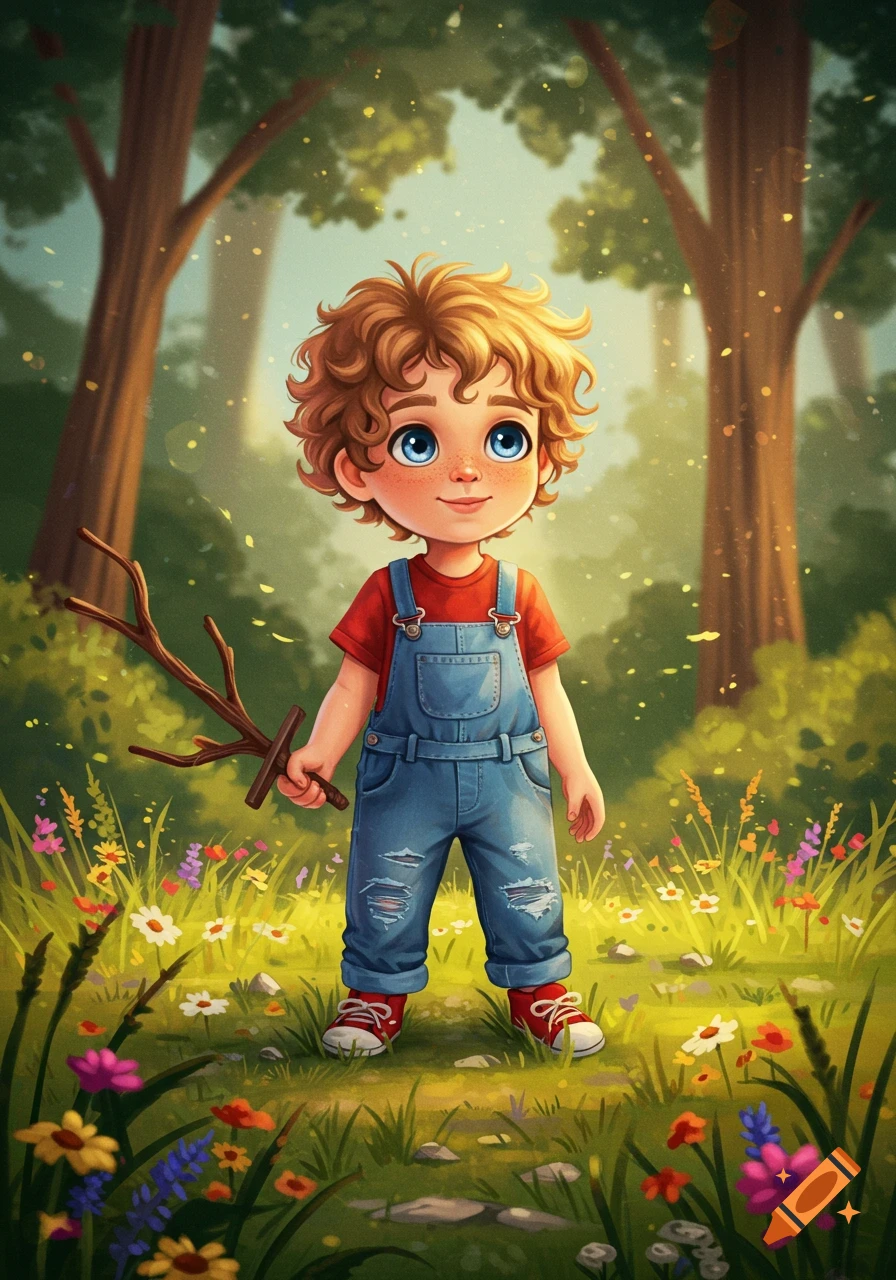 A cute cartoon boy with curly hair and blue eyes, wearing overalls, holds a stick in a vibrant field of flowers with trees.