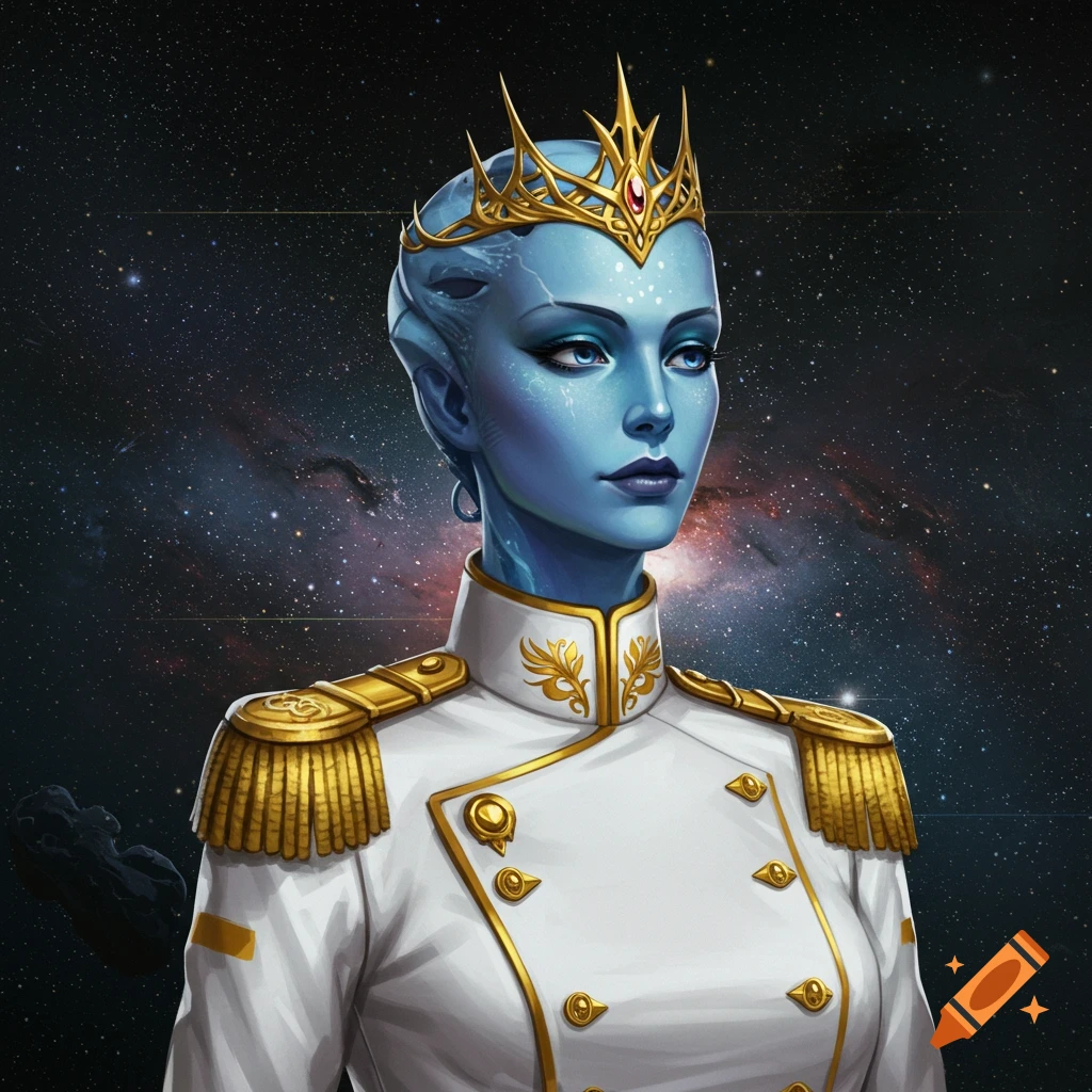 A blue-skinned alien woman wearing a white military uniform with gold trim and a gold crown, against a cosmic background.