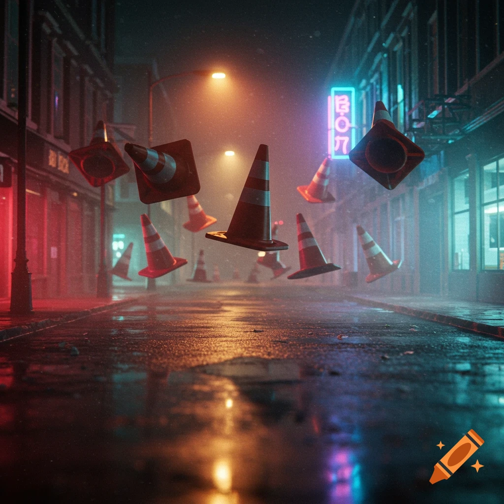 Floating traffic cones on a wet, neon-lit city street at night, with a moody, atmospheric style.