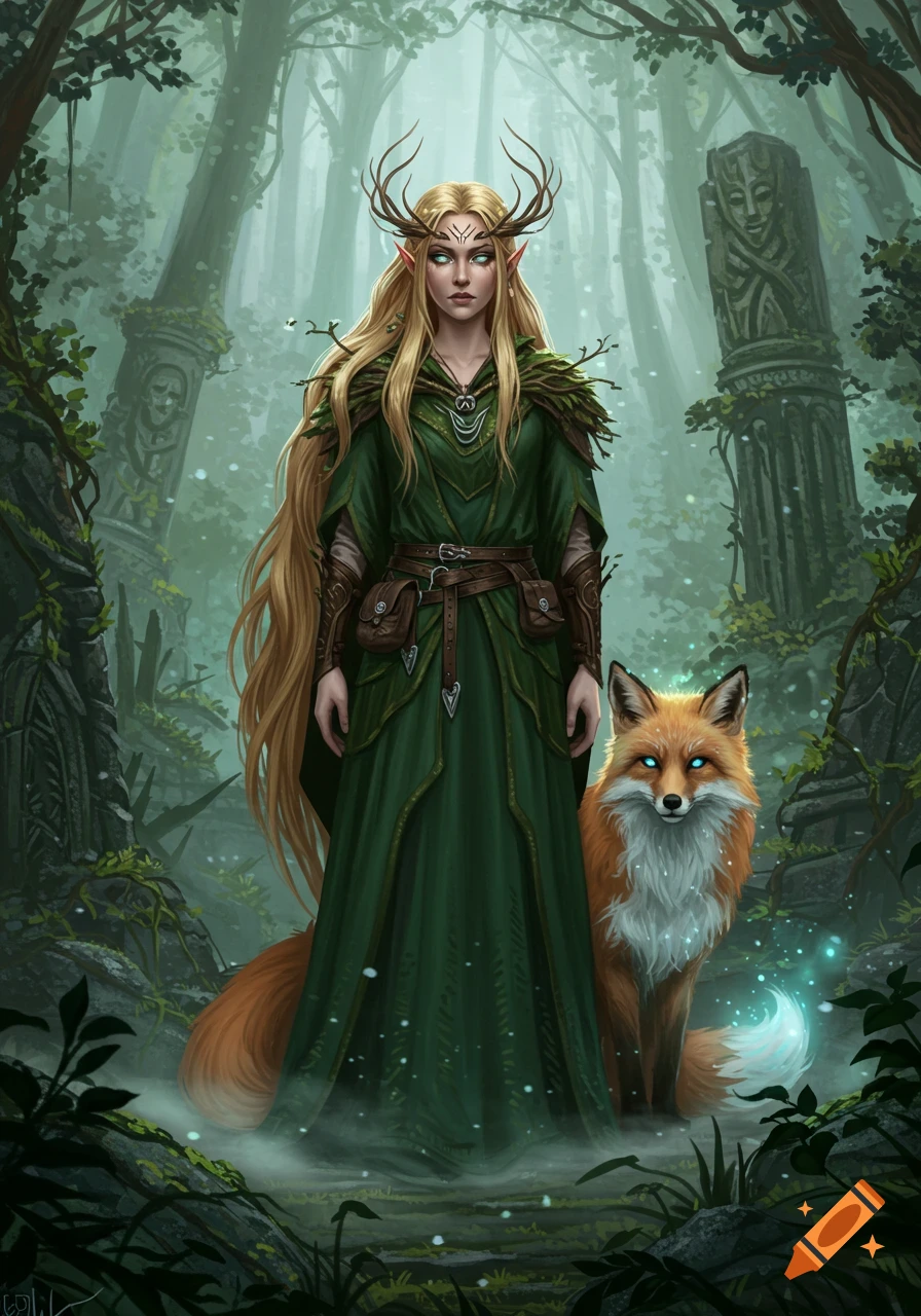 A blonde elven sorceress with antlers and a glowing blue-eyed fox stand in a misty forest with ancient ruins. She wears a green dress.
