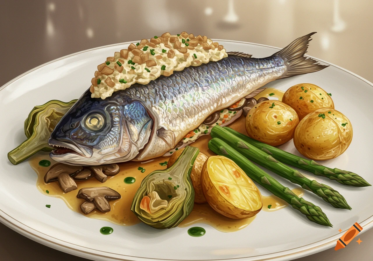 A gourmet platter featuring a whole baked fish with stuffing, roasted potatoes, artichokes, asparagus, and mushrooms.