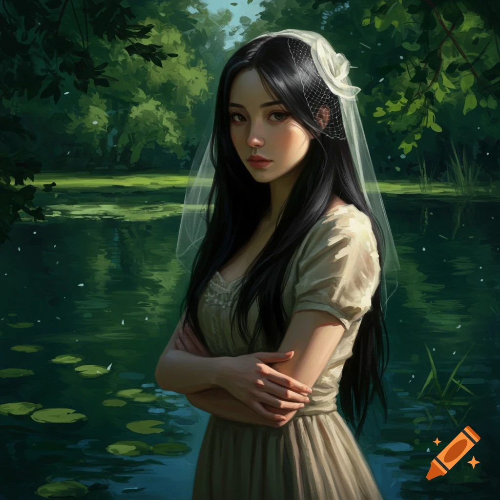 A painting of a young woman with long black hair, wearing an old-fashioned dress and veil, posing in front of a lake and green forest.