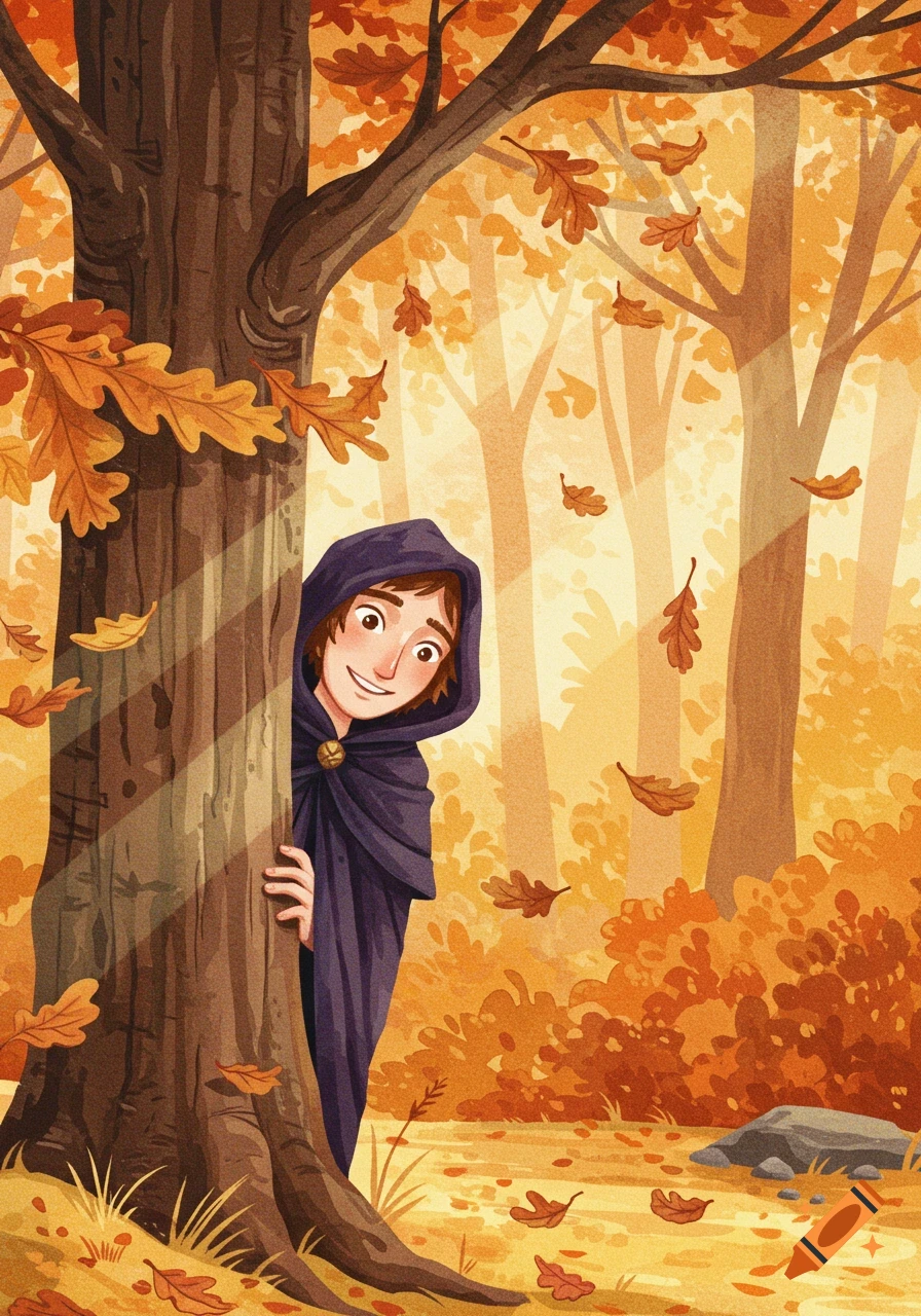 A cheerful boy in a hooded cloak peeks from behind a tree in a vibrant autumn forest, illustrated.