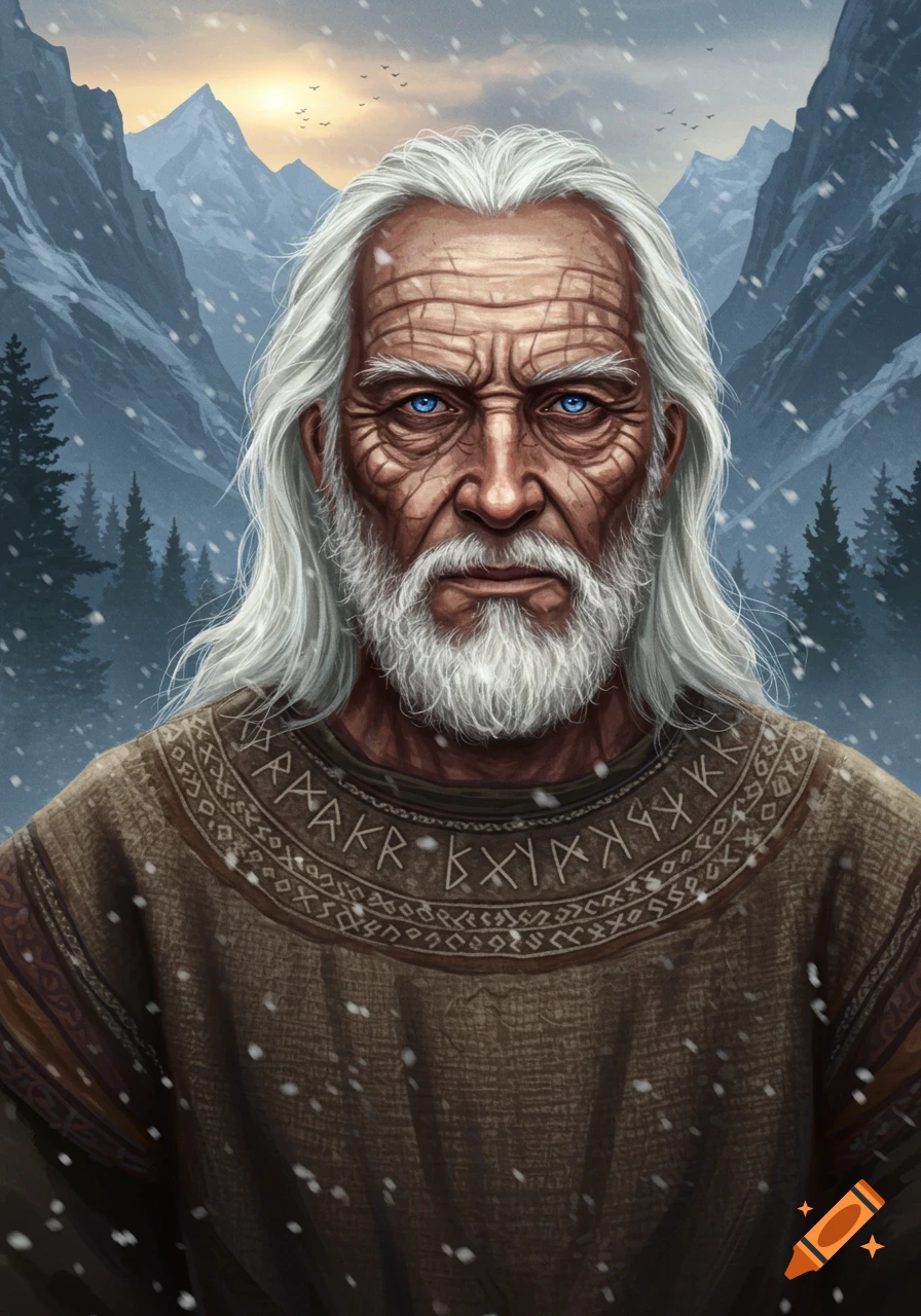Detailed portrait of an old man with white hair and beard, blue eyes, wearing a runic tunic, standing in a snowy mountain landscape.