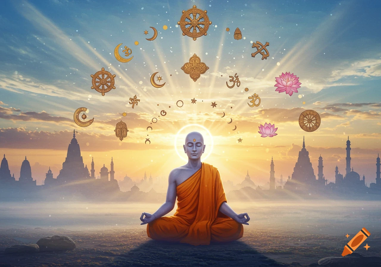 A meditating figure with a halo, surrounded by diverse religious symbols, at sunrise over ancient temples and a misty landscape.