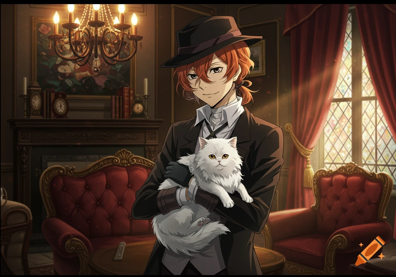 Anime character Chuuya in a suit and hat, holding a fluffy white cat in an opulent room.