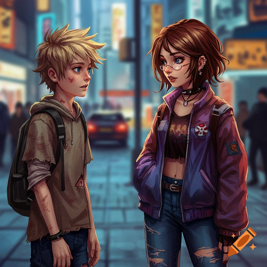Digital art of a blonde boy and a brown-haired girl talking on a blurry city street at night.