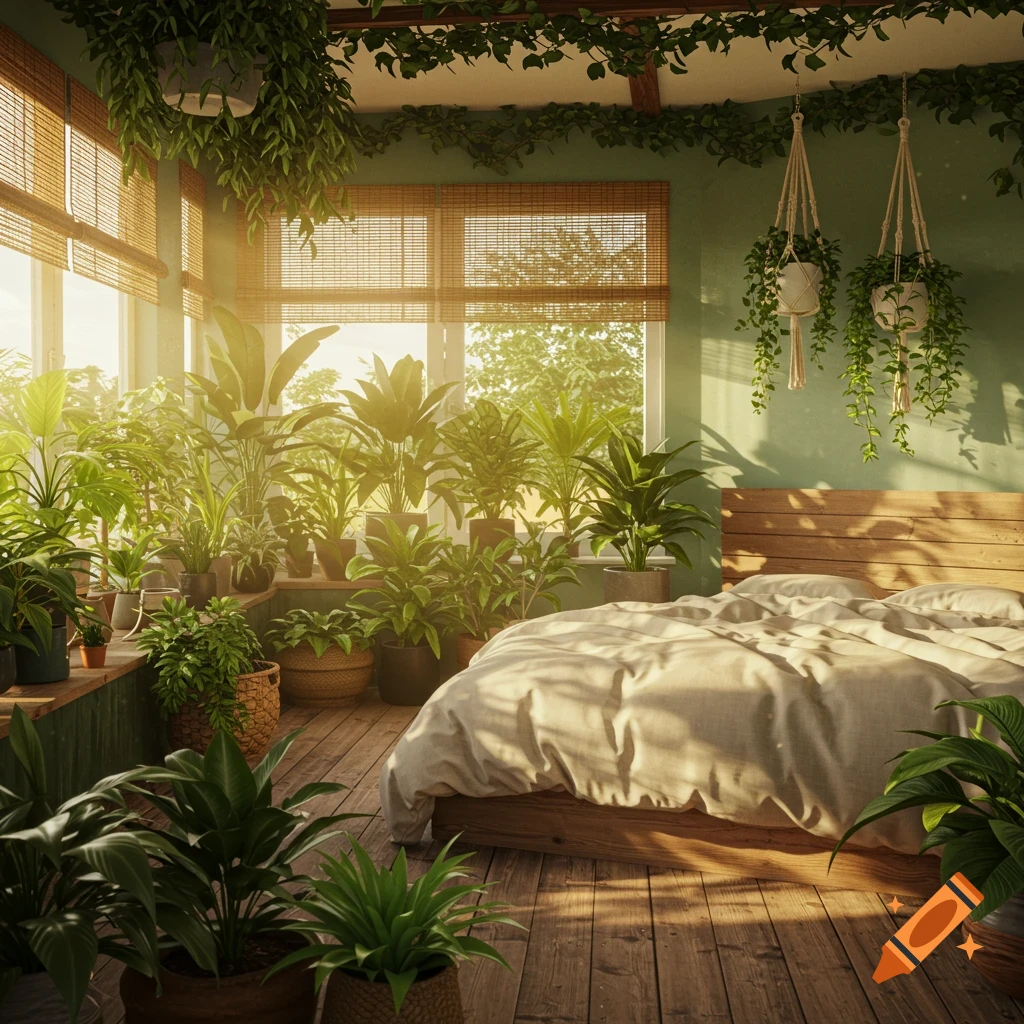 A sunny bedroom filled with various potted and hanging plants, a wooden bed frame, and light bedding, creating an earthy, natural ambiance.