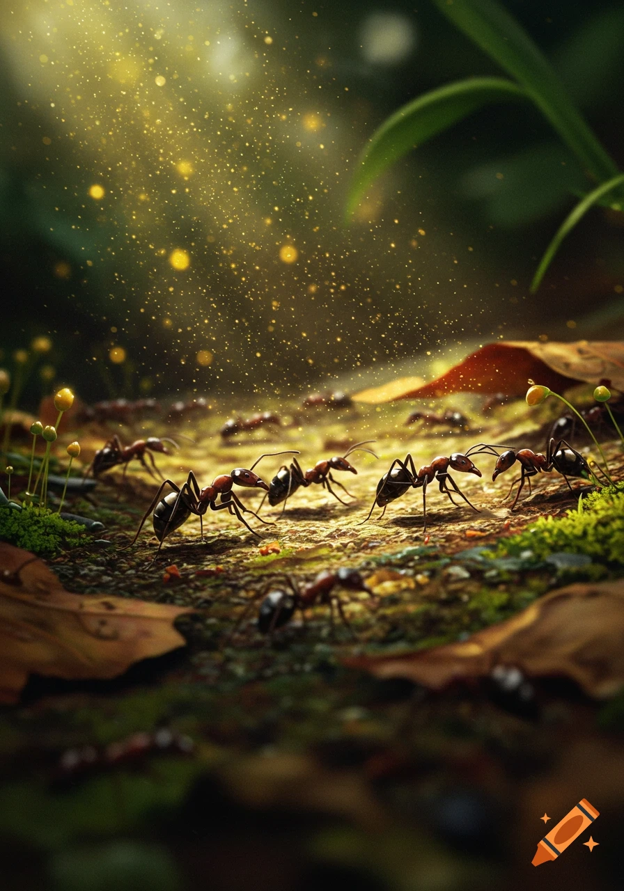 A group of ants on a mossy forest floor, illuminated by golden, sparkling light filtering through trees.