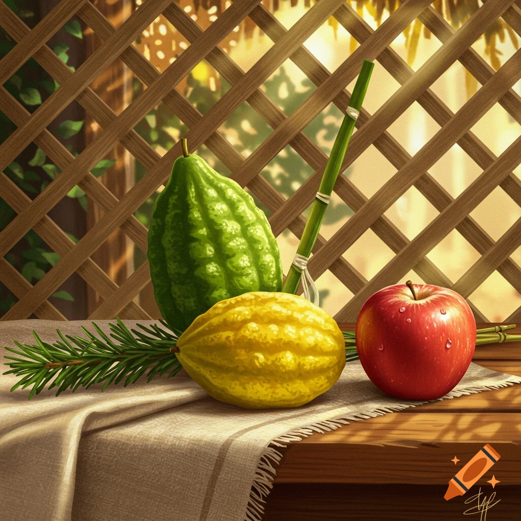 A detailed still life illustration of two citrons, a lulav branch, and a red apple on a cloth-draped wooden table with a trellis background.