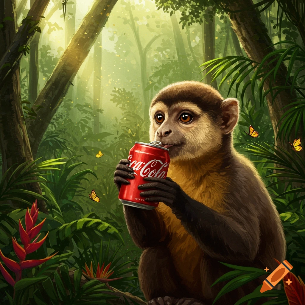 An illustrated monkey drinks from a red Coca-Cola can in a lush, sunlit jungle.