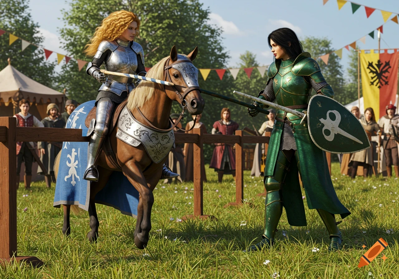 Two women knights in full armor, one on a horse, prepare for a joust in a bright, photorealistic medieval setting with spectators.