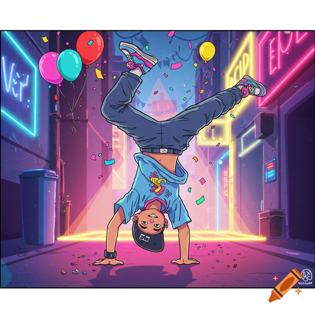 A colorful comic illustration of a boy doing a handstand in an urban street at night, with neon signs, balloons, and confetti falling around him.