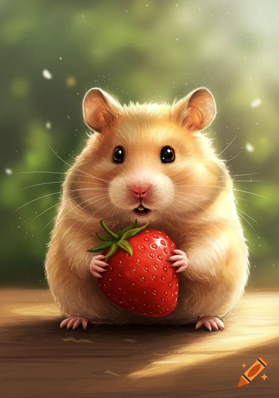 A fluffy, cute hamster holding a bright red strawberry on a wooden surface with a soft green background, in a digital illustration style.