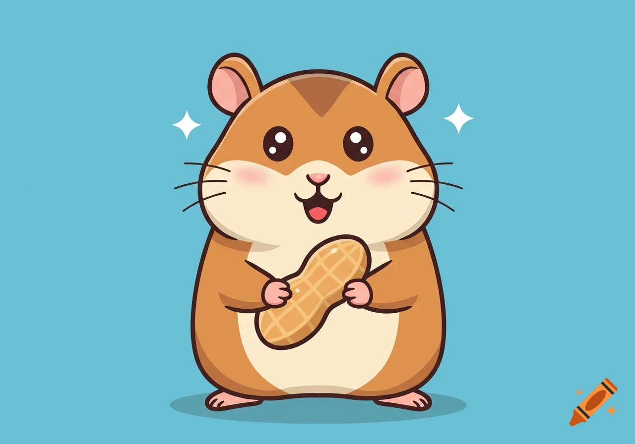A happy cartoon hamster with rosy cheeks holds a peanut on a blue background, with sparkle accents.