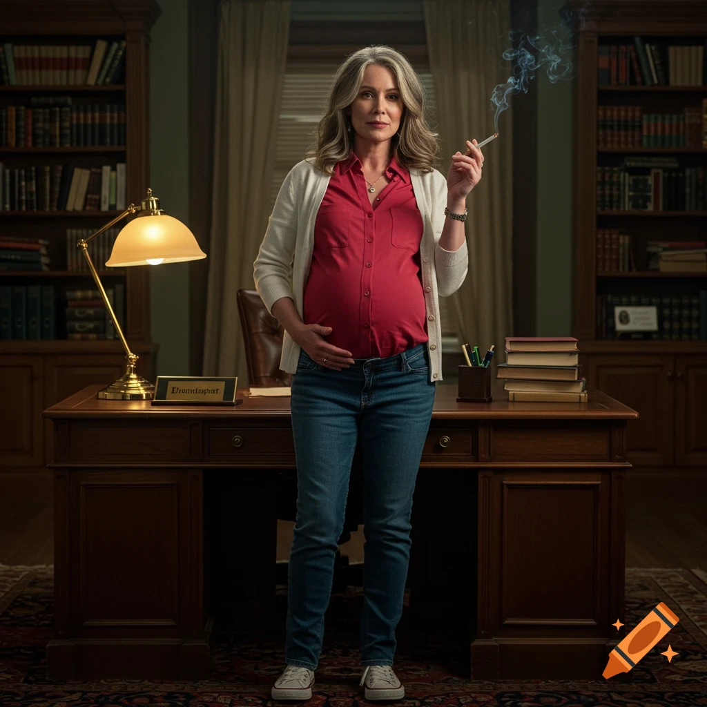 Photorealistic portrait of a pregnant woman in an office, smoking a cigarette and touching her belly.