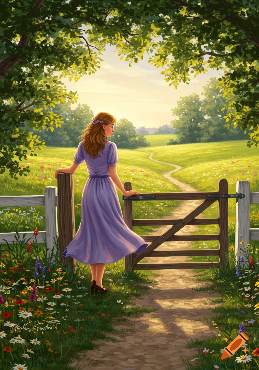 A woman in a purple dress stands at a wooden gate, looking into a sunlit, wildflower-filled meadow with a winding path, in an illustrative style.