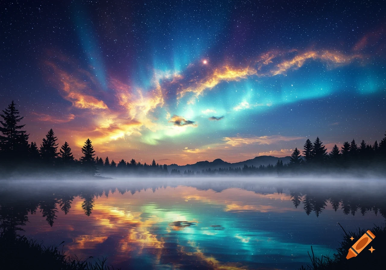 A vibrant night sky with aurora borealis over a serene lake reflecting the colorful lights and silhouetted pine trees.