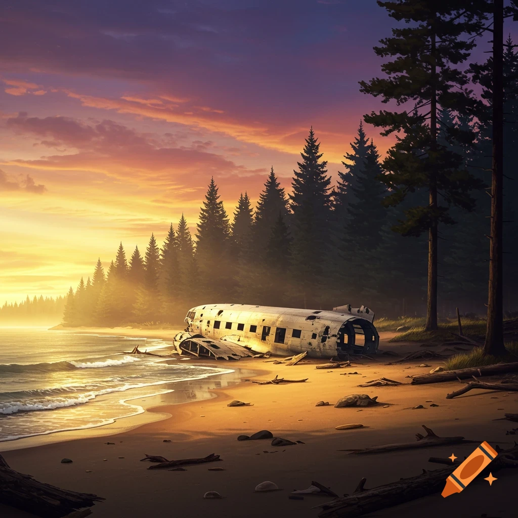 A serene sunset over a beach with a crashed airplane fuselage and a dense pine forest along the shore.