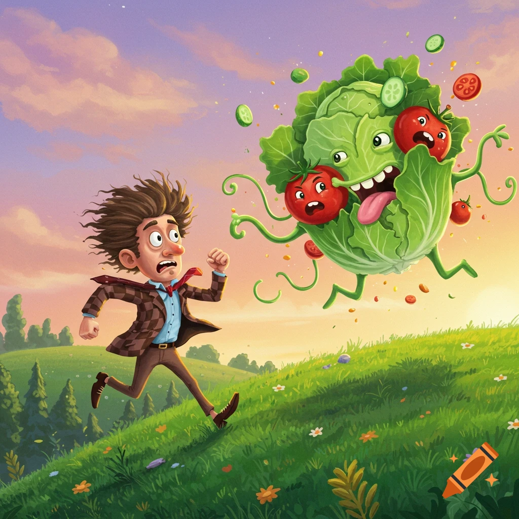 Cartoon illustration of a man with messy hair running in fear from a giant, grinning cabbage monster with tomato faces on a grassy hill at sunset.