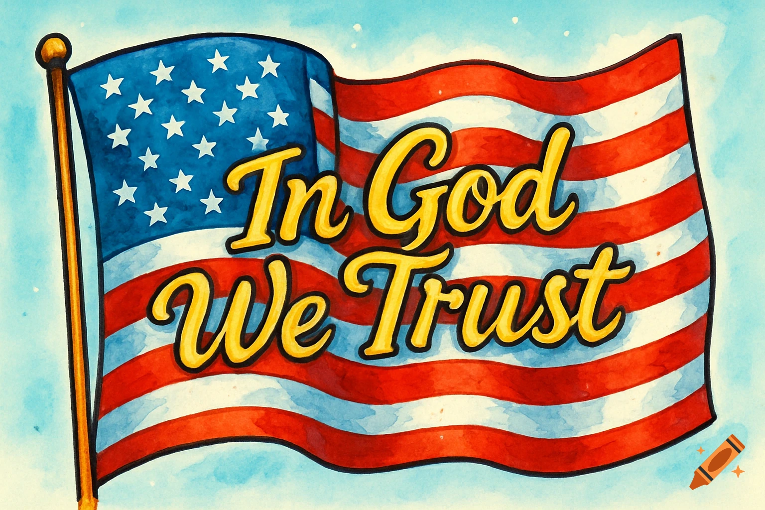 Cartoon watercolor American flag with 'In God We Trust' written in yellow script against a blue sky.