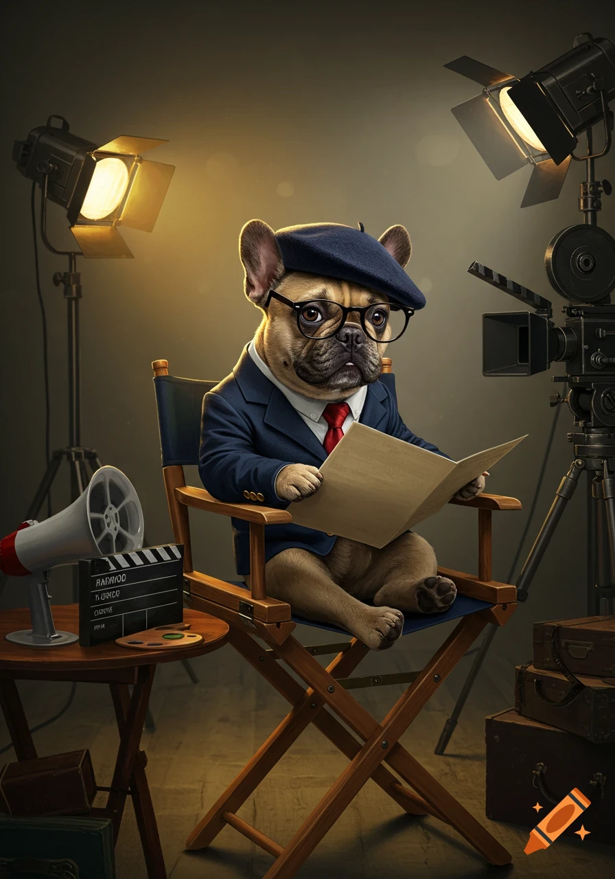 A French bulldog in a suit and beret sits in a director's chair, reading a script on a film set with spotlights and a camera.