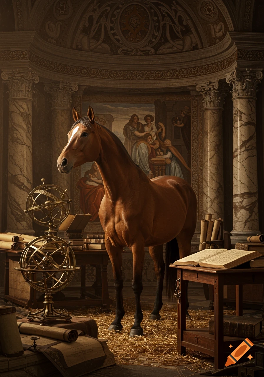 A majestic brown horse stands on hay in a grand, antique library filled with armillary spheres and open books, under an ornate ceiling.