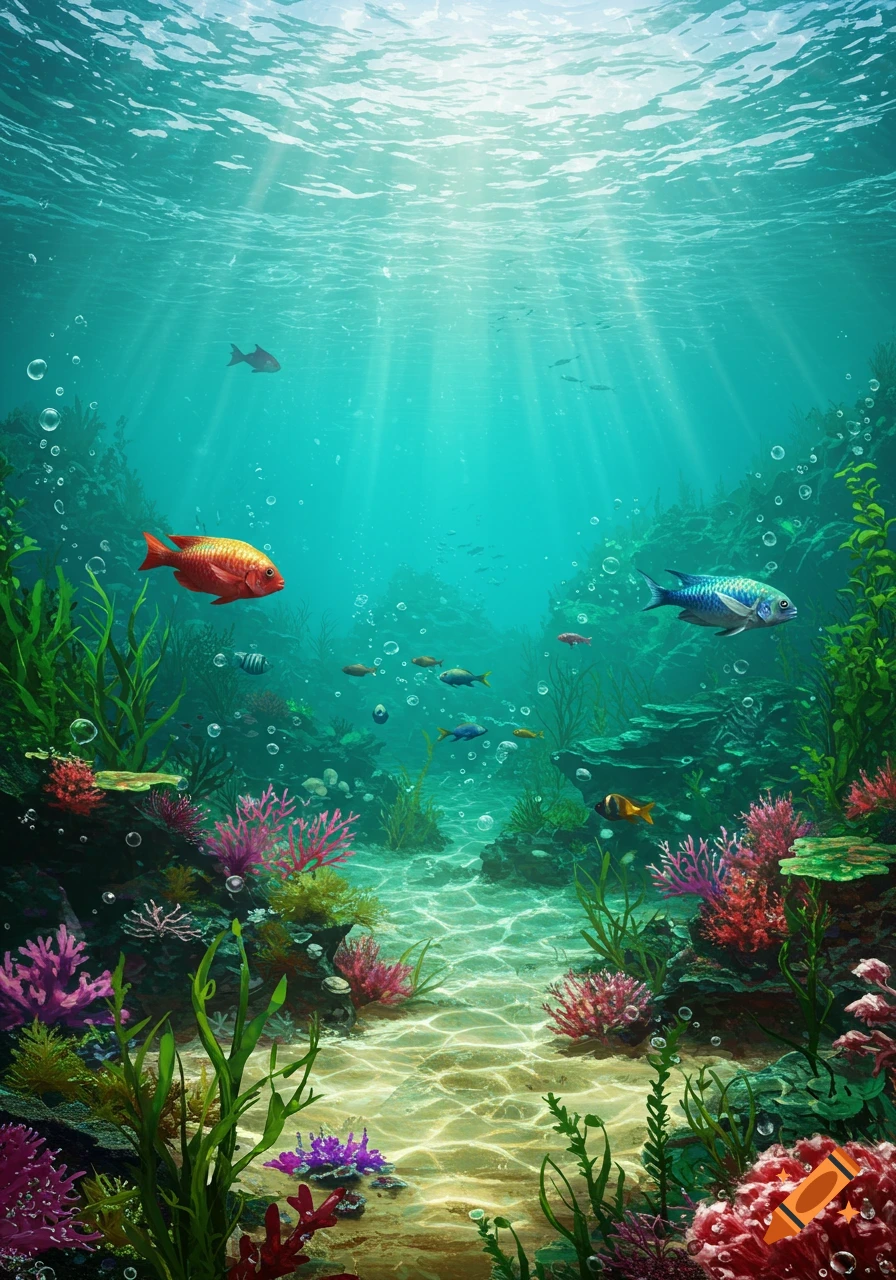 A vibrant underwater aquascape with colorful coral, green seaweed, various fish, and sun rays beaming down to a sandy seabed.