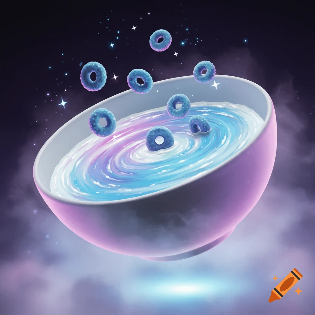 A stylized bowl of colorful, swirling liquid with blue ring-shaped cereal floating and falling in a starry cosmic background.