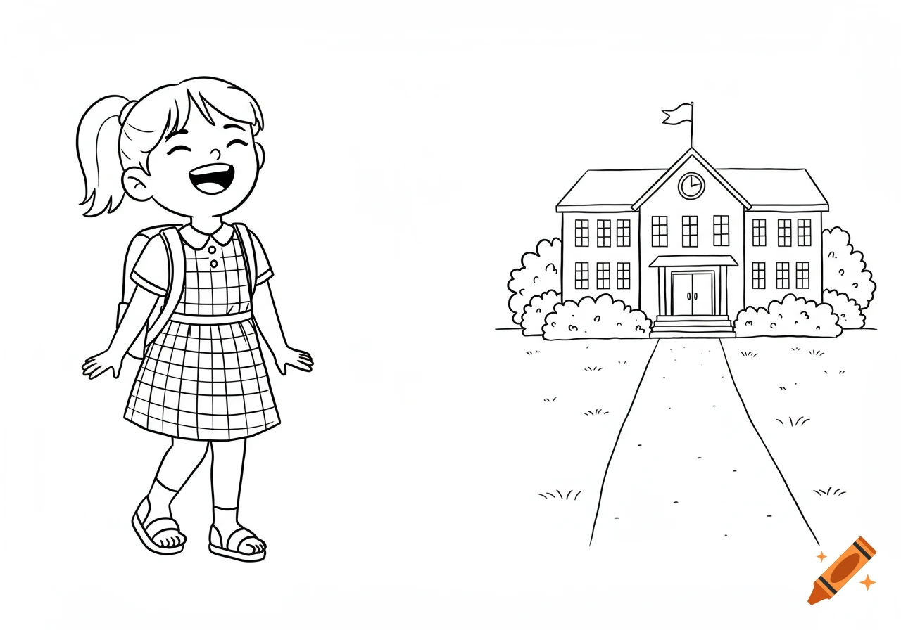 Black and white line drawing of a happy schoolgirl and a school building.