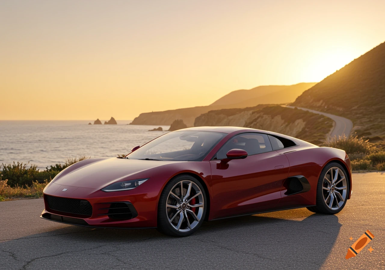 Red sports car parked on a coastal road at sunset, with mountains and ocean in the background, photorealistic style.
