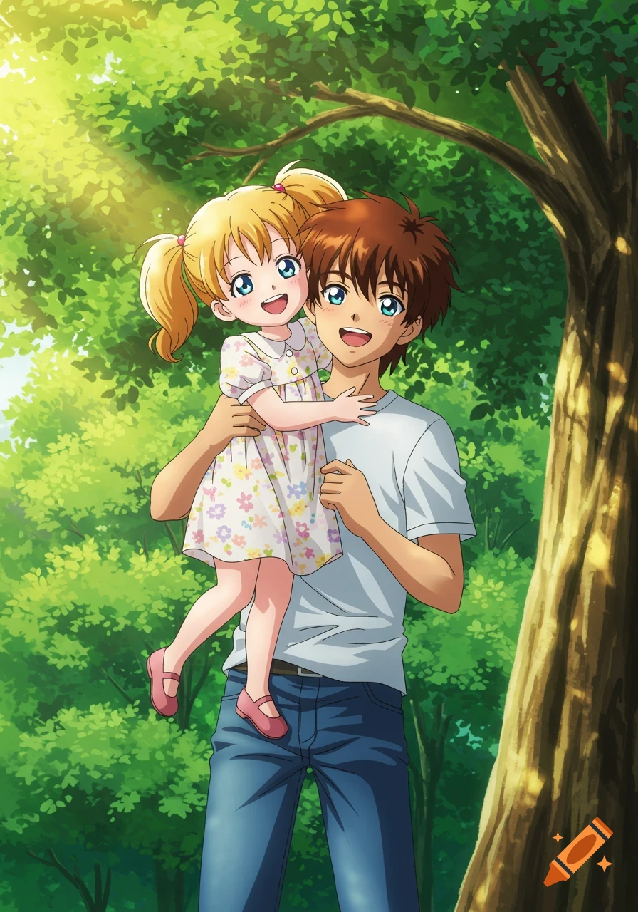 Anime style illustration of a smiling teenage boy holding a happy blonde little girl in a sunny green forest.