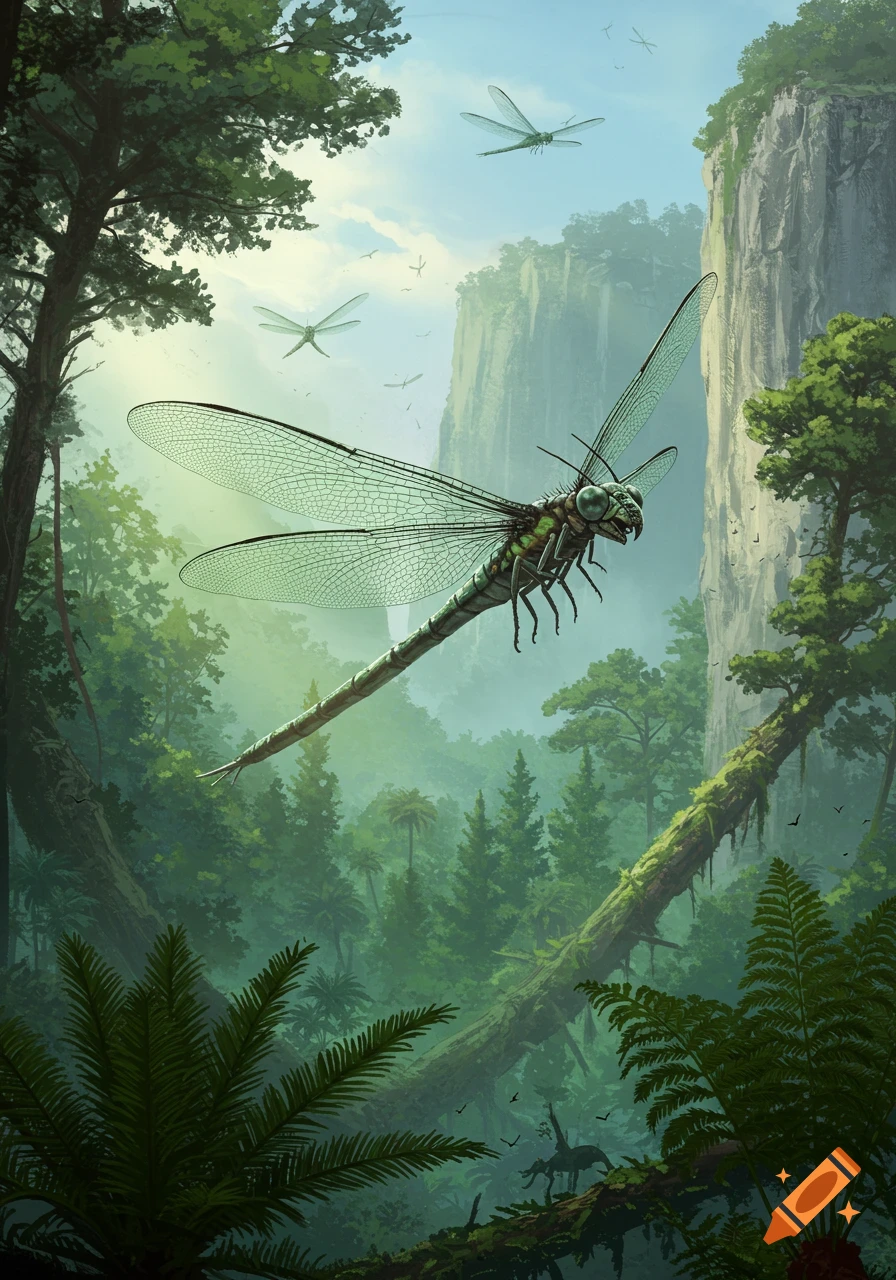 Giant prehistoric dragonfly flying over a lush, misty jungle with cliffs, detailed fantasy illustration.