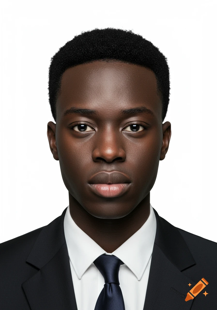 A close-up, photorealistic portrait of a young Black man in a black suit and white shirt with a navy tie, against a white background.