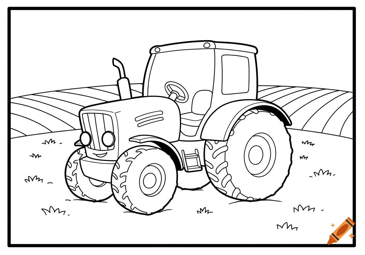 Black and white cartoon tractor in a field, designed as a coloring page with thick outlines.