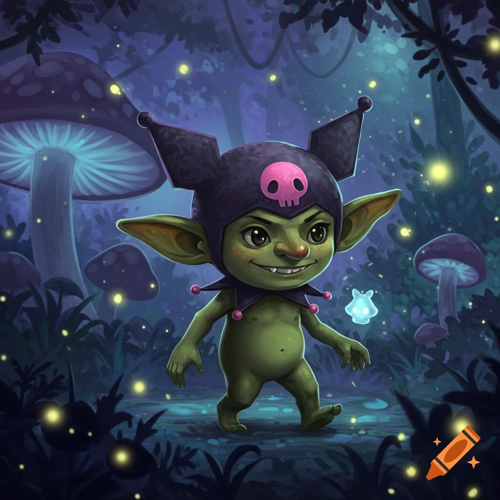 A small green goblin wearing a dark hat with a pink skull walks through a whimsical, glowing forest at night.