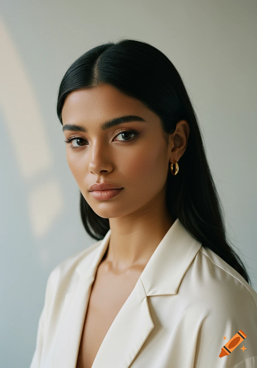 Photorealistic portrait of a young woman with dark hair and tan skin wearing gold hoop earrings and a light collared shirt.