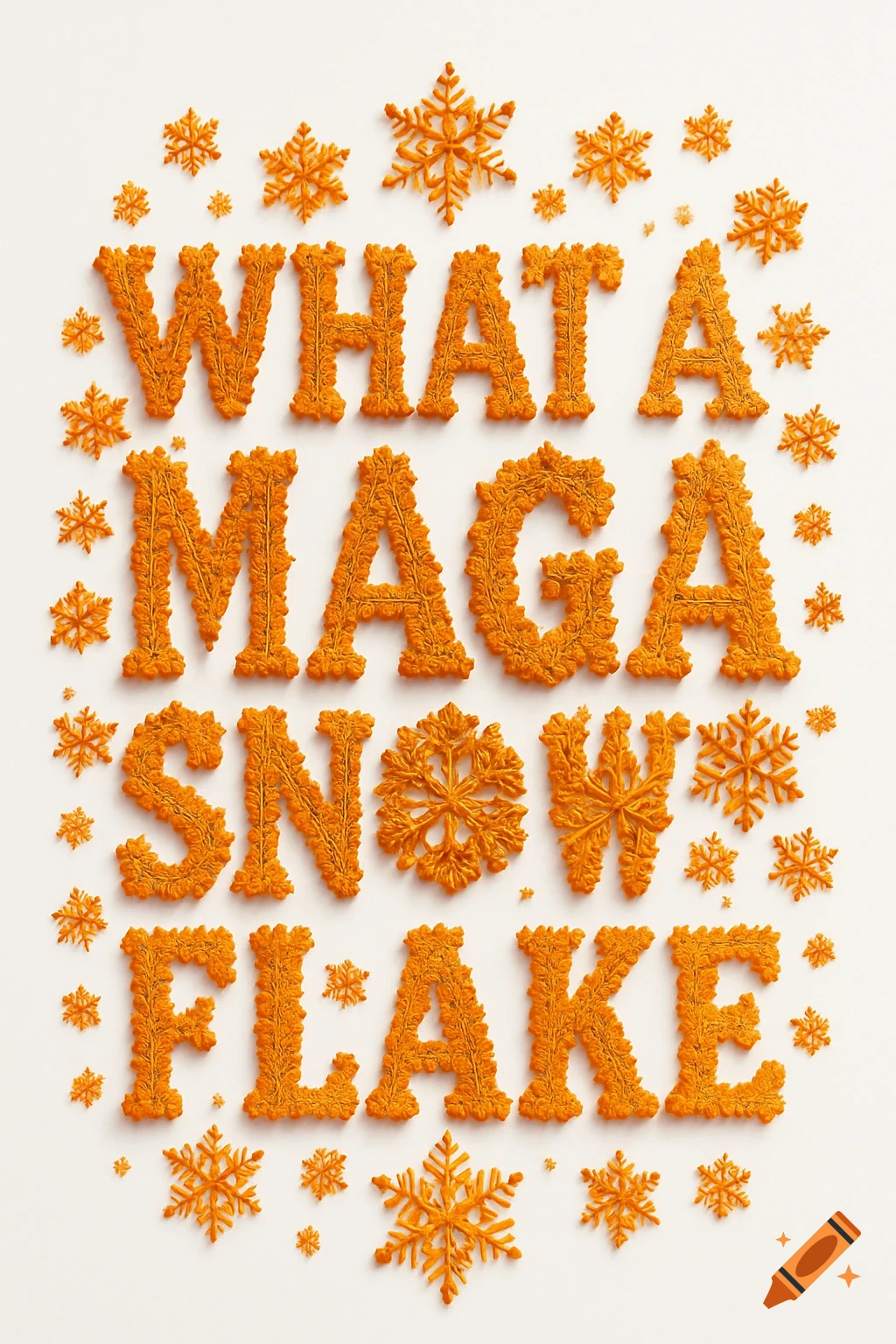Text 'WHAT A MAGA SNOWFLAKE' formed by dimensional orange snowflakes on a white background.