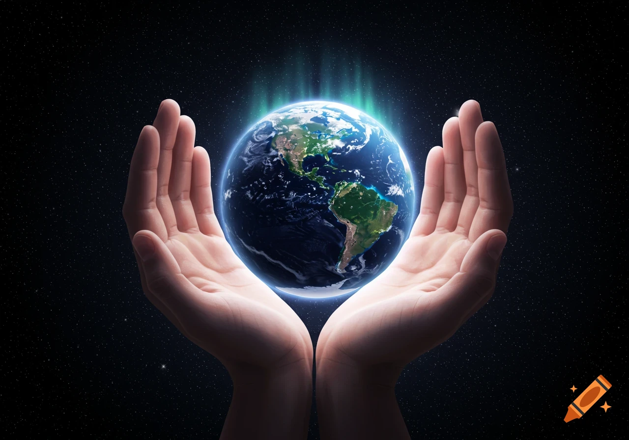 Two hands gently cup a glowing Earth in dark space with stars and a blue-green aurora.