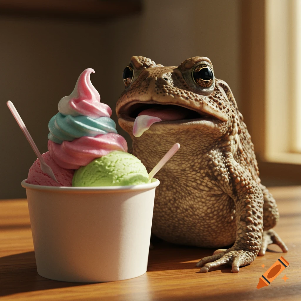 A photorealistic toad with its tongue out, looking at a large cup of pink, blue, and green ice cream on a sunny wooden desk.