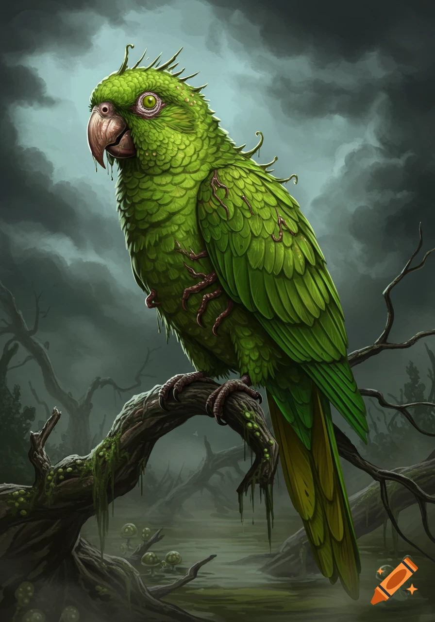 A grotesque green parrot with glowing eyes and visible veins perches on a mossy branch in a murky swamp under a dark sky.