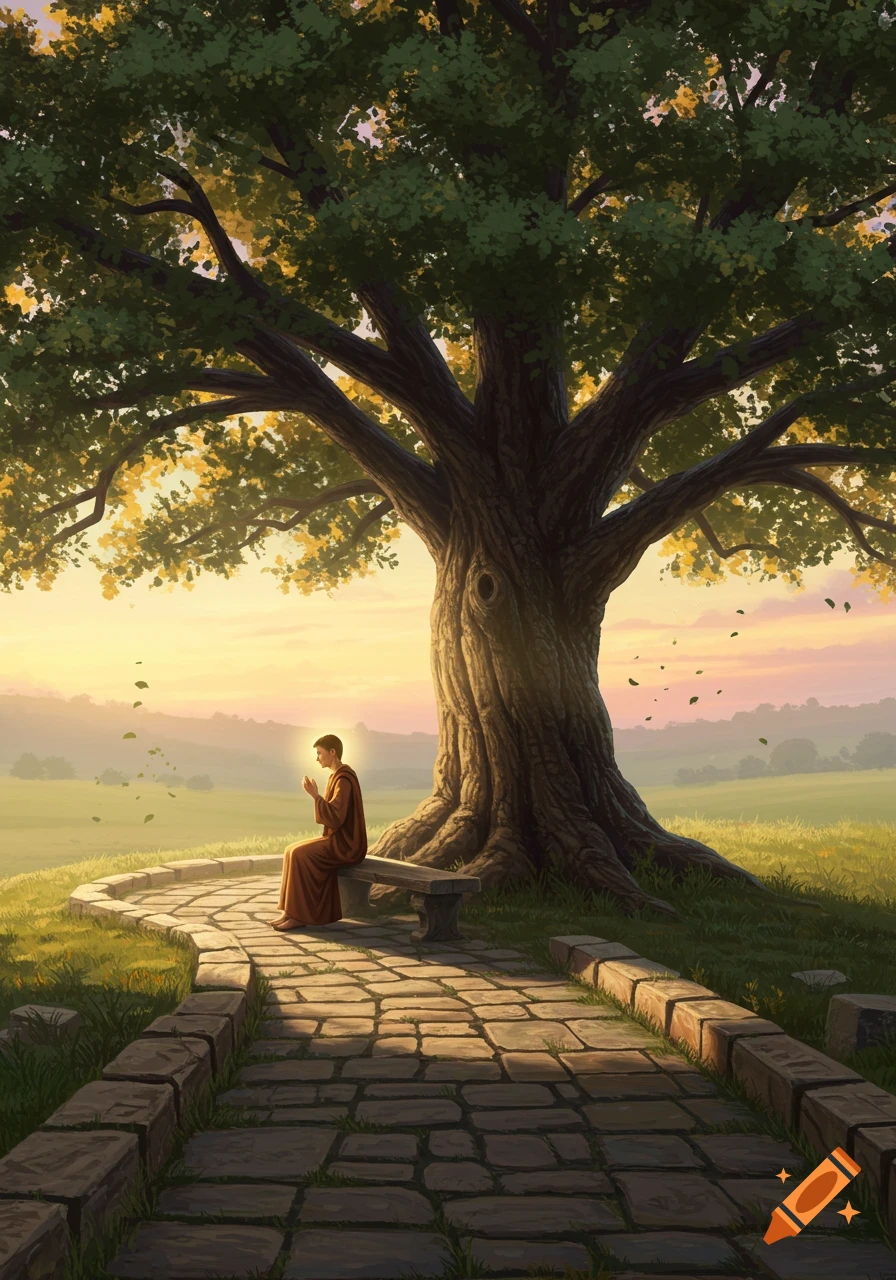 Illustrative scene of a robed person meditating on a bench under a large tree on a stone path at sunrise.