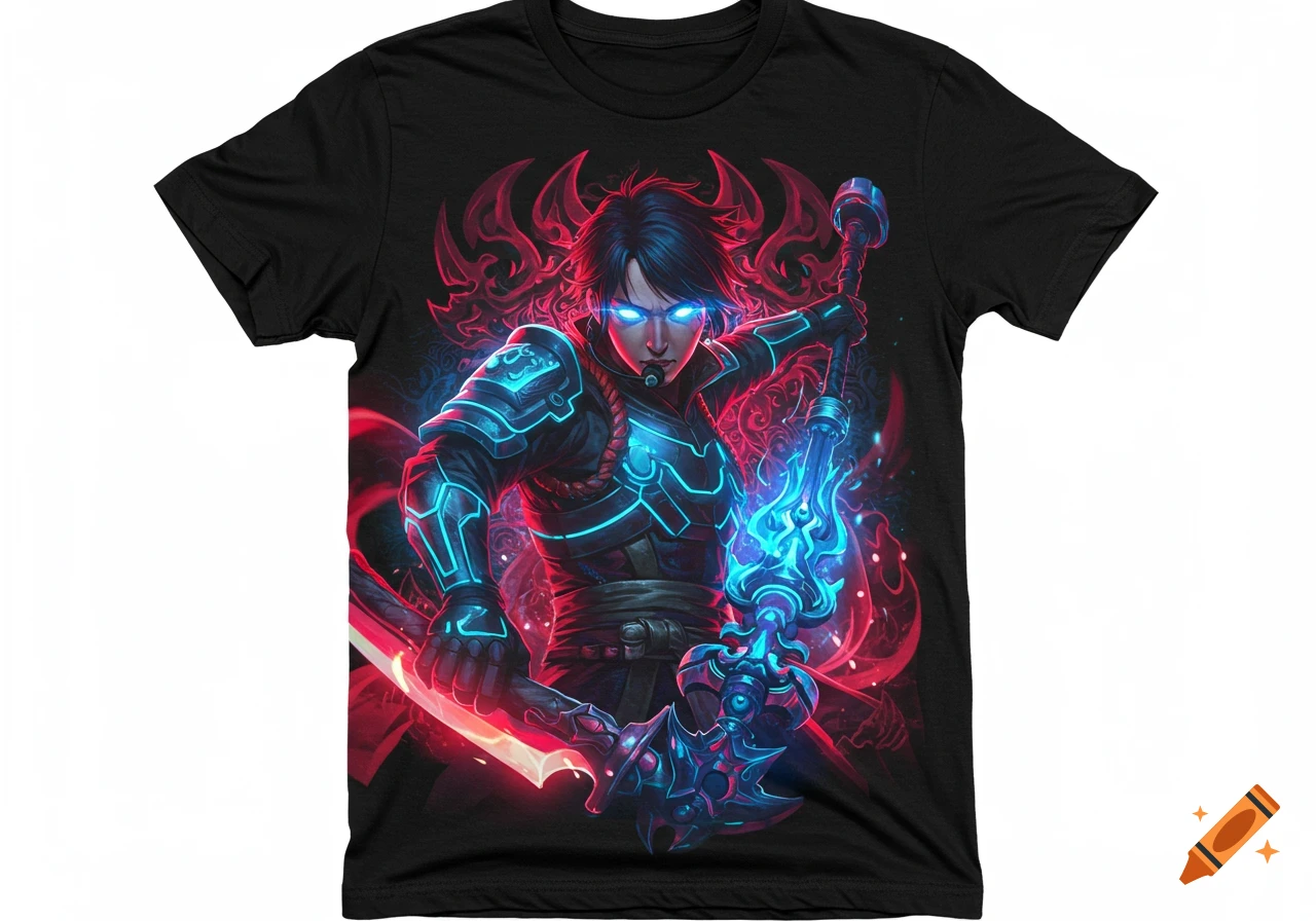 A black t-shirt features a stylized, dark-haired demon hunter with glowing blue eyes, neon blue armor, a glowing red sword, and a blue flaming staff, against an ornate red background.