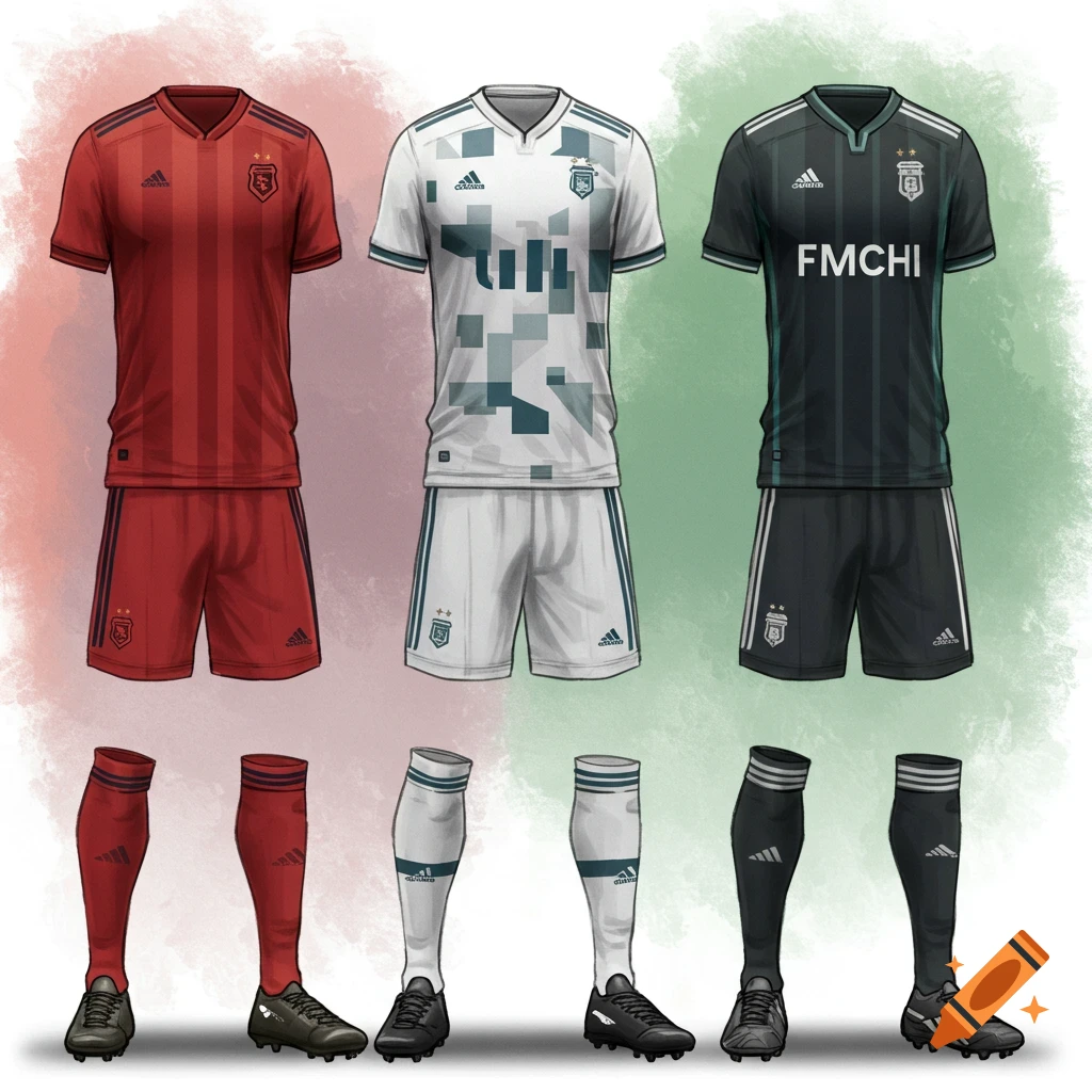 Illustrated football uniform kits in red, white, and dark green/black, complete with jerseys, shorts, socks, and shoes.