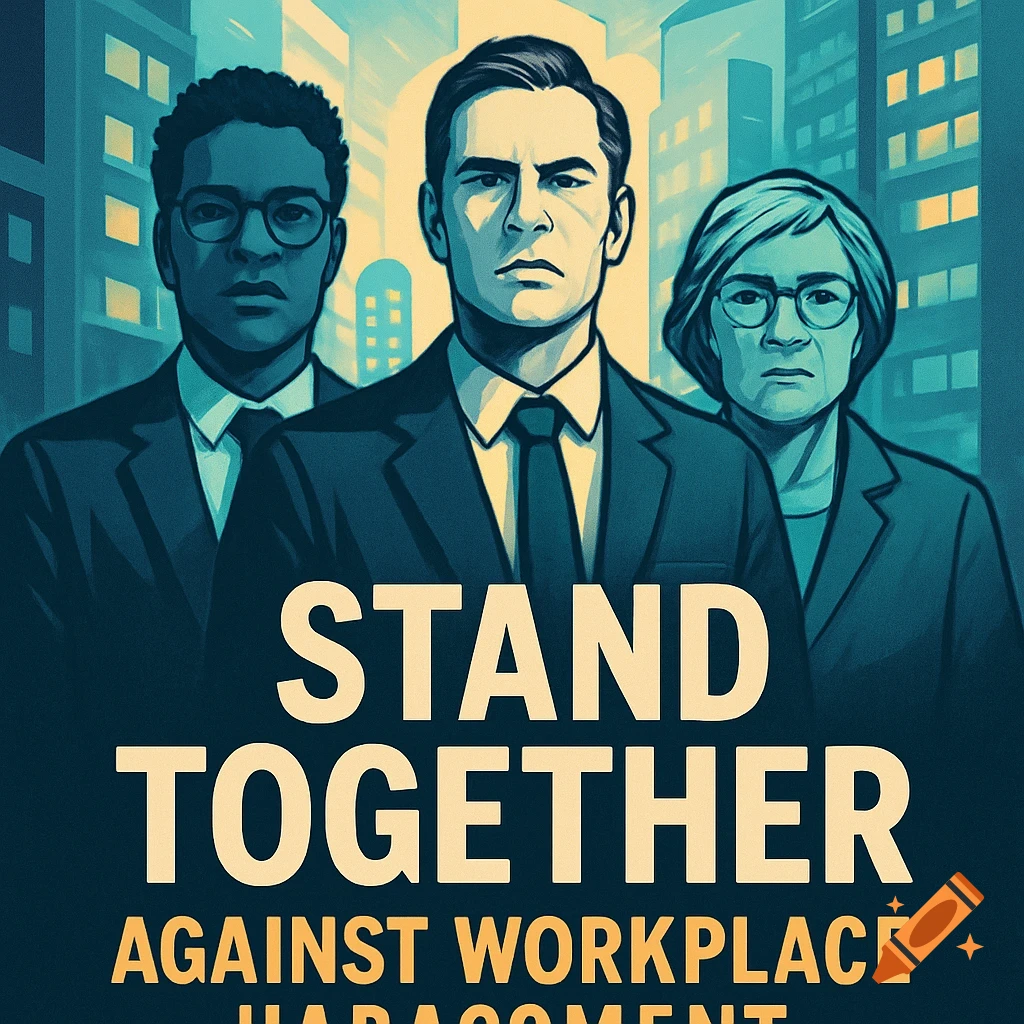 A graphic poster showing three diverse professionals in suits, with the text 'STAND TOGETHER AGAINST WORKPLACE HARASSMENT'.