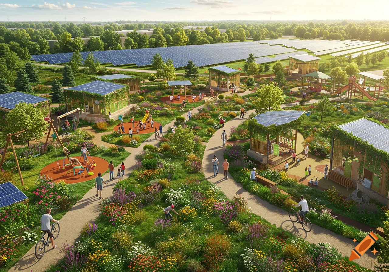 Aerial view of a vibrant, green solar power recreation park with playgrounds, paths, people, and buildings with solar panels.